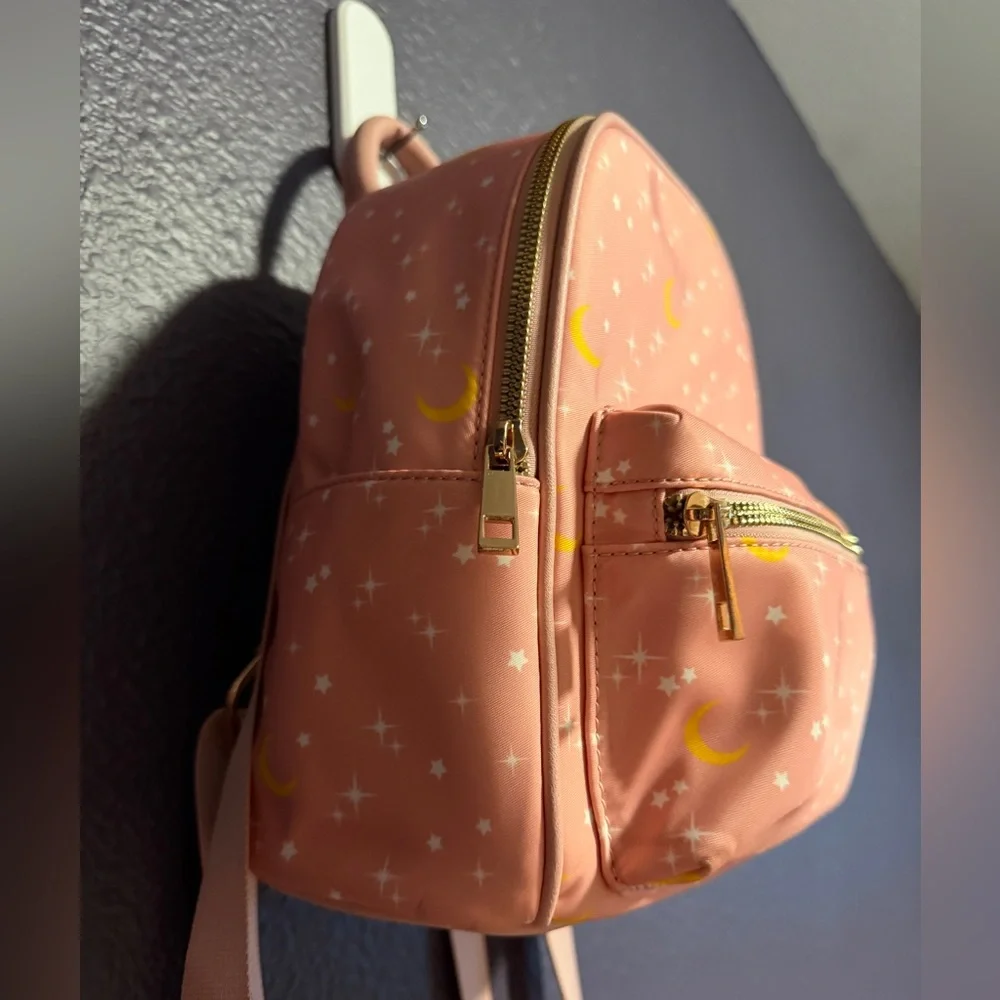 Moon and Stars Pink Celestial Print Backpack with Puff Ball Charm